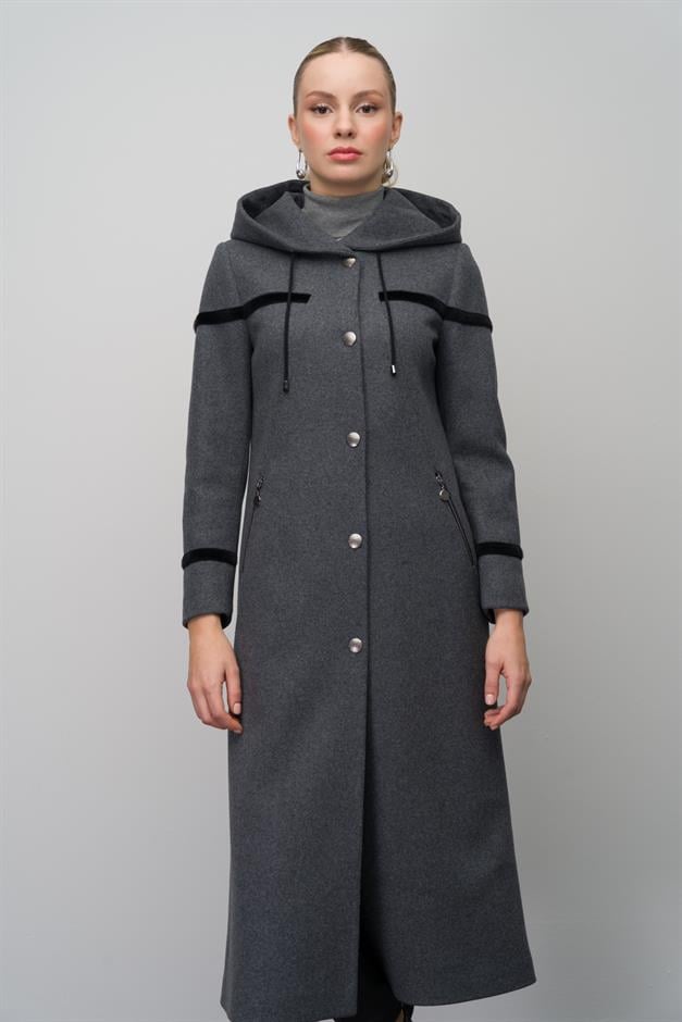 Hooded Snap Closure Wool Blend Long Coat HARD COAL 6631