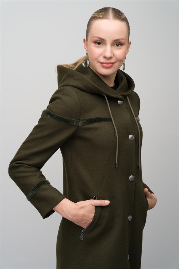 Hooded Snap Closure Wool Blend Long Coat DRAB 6631