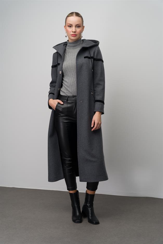 Hooded Snap Closure Wool Blend Long Coat HARD COAL 6631