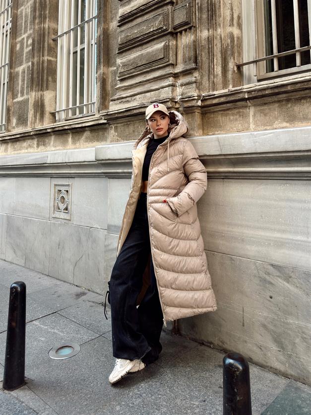 معطف طويل منتفخ بغطاء للرأس وتفاصيل منقوشة حجر 6669