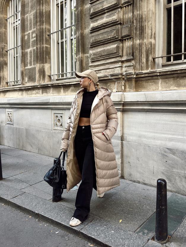 معطف طويل منتفخ بغطاء للرأس وتفاصيل منقوشة حجر 6669