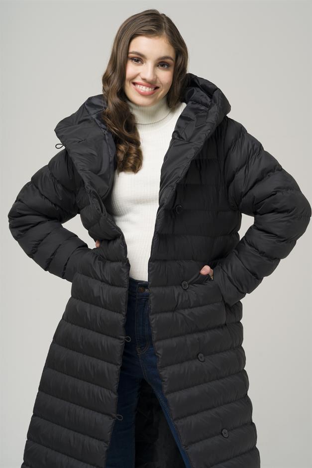 Hooded Button-Up Long Puffer Coat BLACK 6494