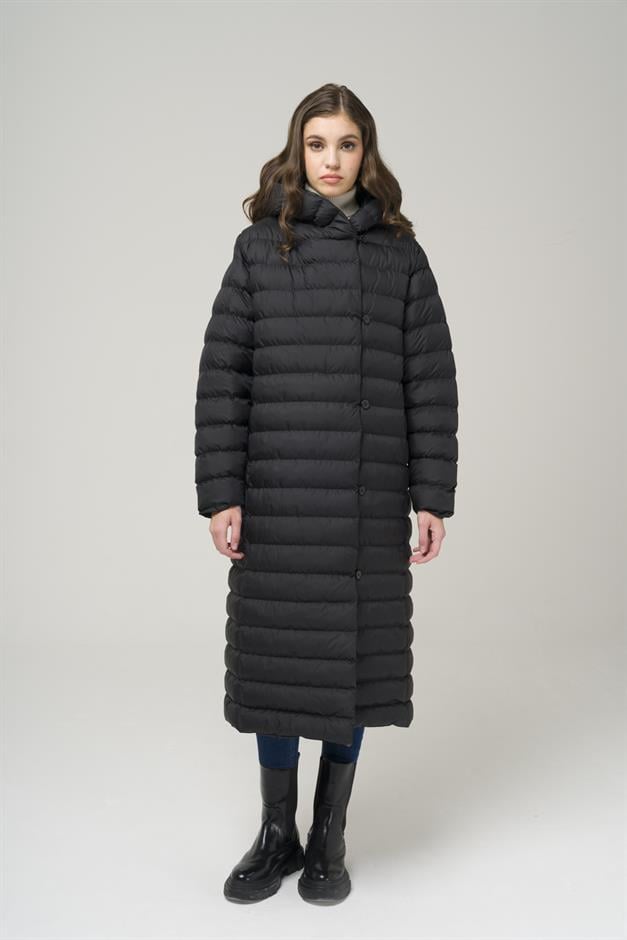 Hooded Button-Up Long Puffer Coat BLACK 6494