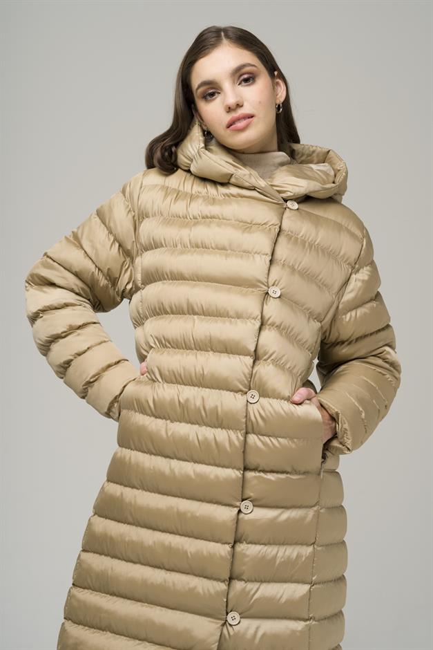 Hooded Button-Up Long Puffer Coat STONE 6494