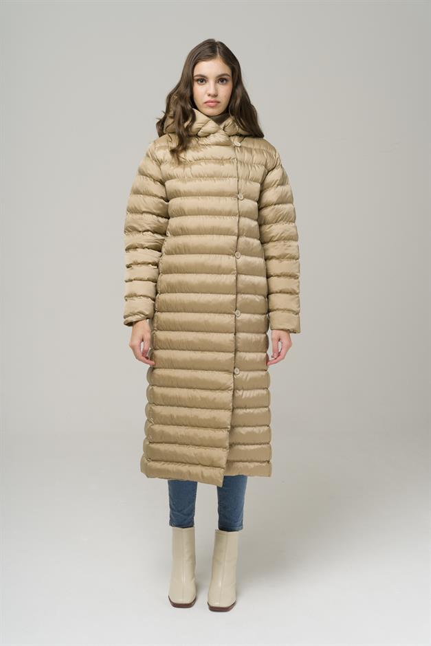 Hooded Button-Up Long Puffer Coat STONE 6494