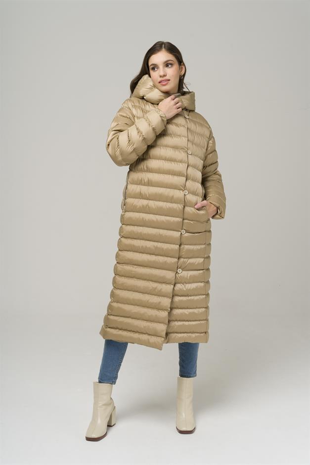 Hooded Button-Up Long Puffer Coat STONE 6494