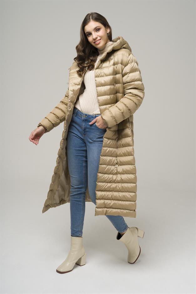 Hooded Button-Up Long Puffer Coat STONE 6494
