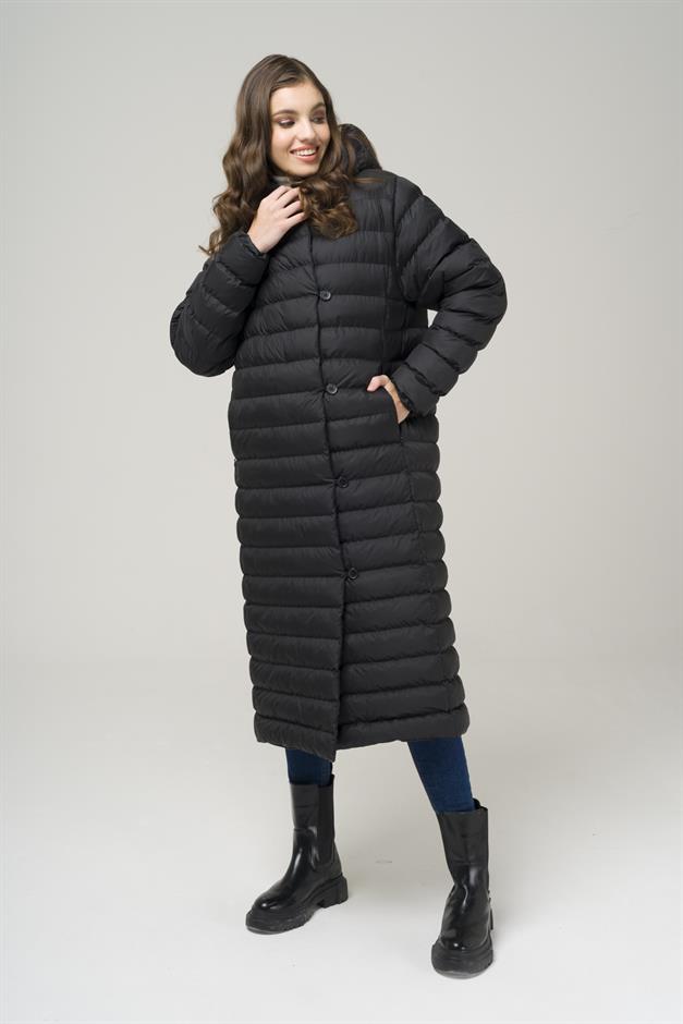 Hooded Button-Up Long Puffer Coat BLACK 6494