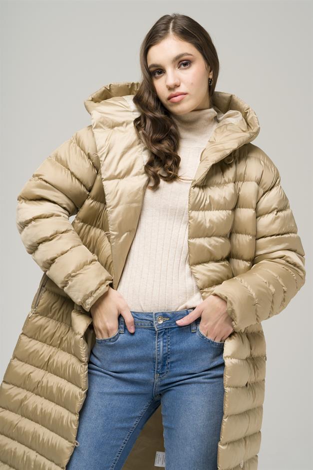 Hooded Button-Up Long Puffer Coat STONE 6494
