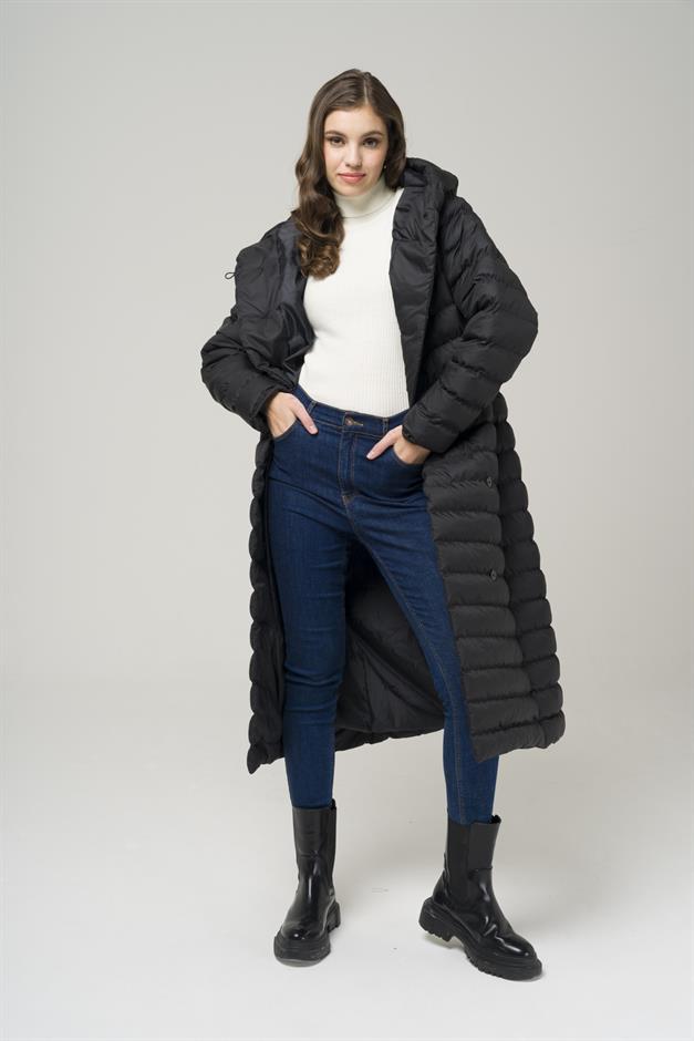 Hooded Button-Up Long Puffer Coat BLACK 6494