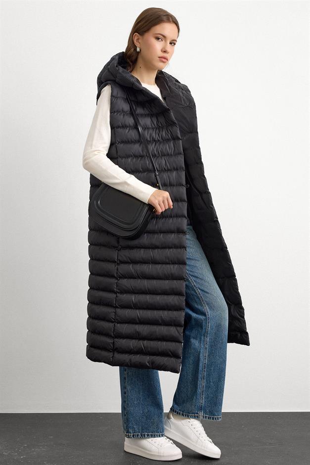 Hooded Button-Closure Long Puffer Vest BLACK 8228