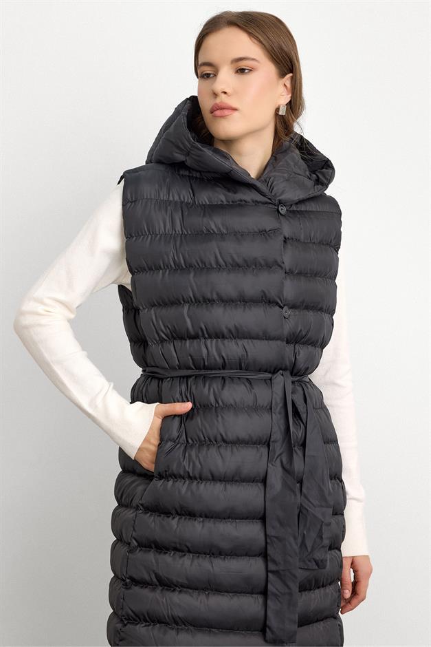 Hooded Button-Closure Long Puffer Vest BLACK 8228