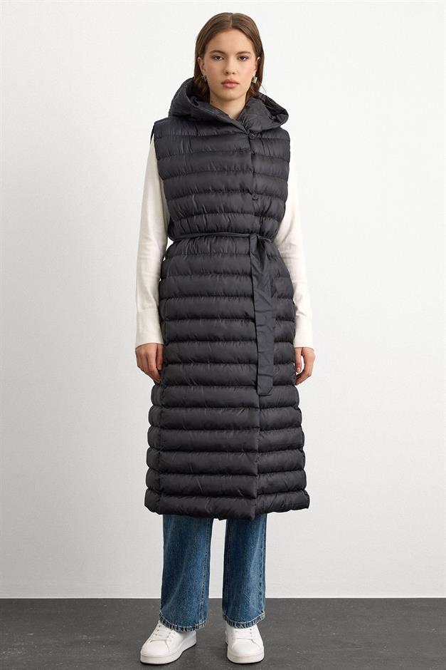 Hooded Button-Closure Long Puffer Vest BLACK 8228