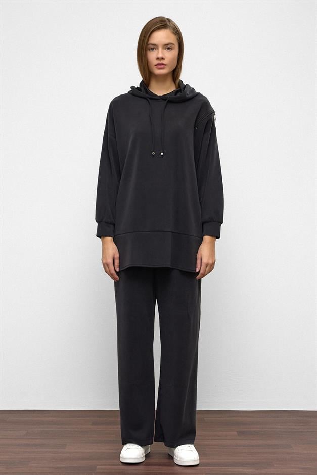 Hooded Zipper Accessory Sweat Pants Casual Modal Set BLACK 9382-TK