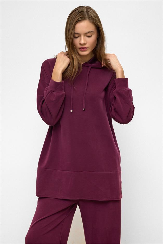 Hooded Zipper Accessory Sweat Pants Casual Modal Set CLARET RED 9382-TK