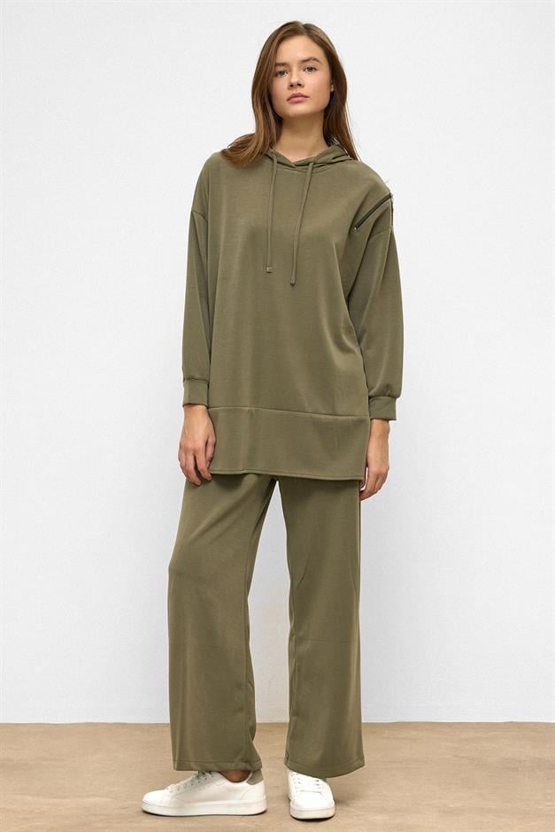 Hooded Zipper Accessory Sweat Pants Casual Modal Set DRAB 9382-TK