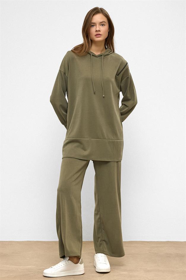 Hooded Zipper Accessory Sweat Pants Casual Modal Set DRAB 9382-TK