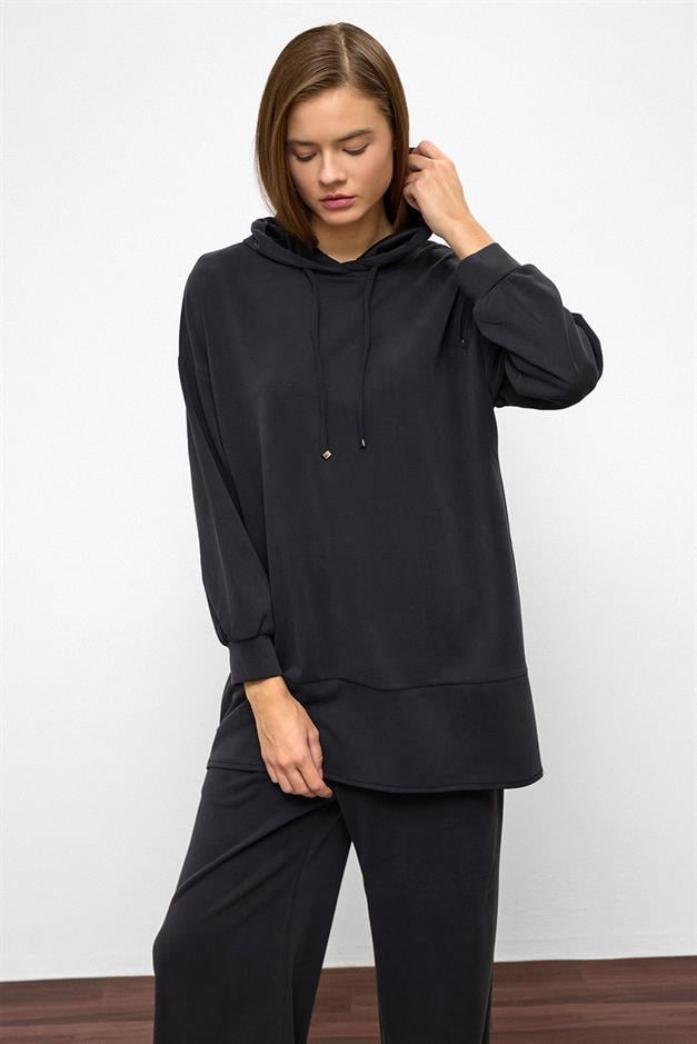 Hooded Zipper Accessory Sweat Pants Casual Modal Set BLACK 9382-TK