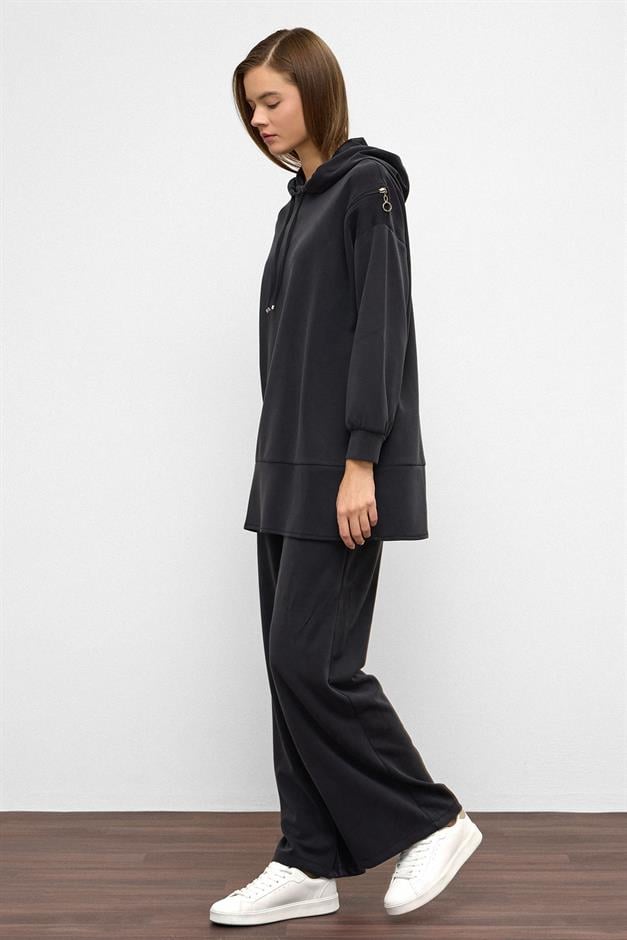 Hooded Zipper Accessory Sweat Pants Casual Modal Set BLACK 9382-TK