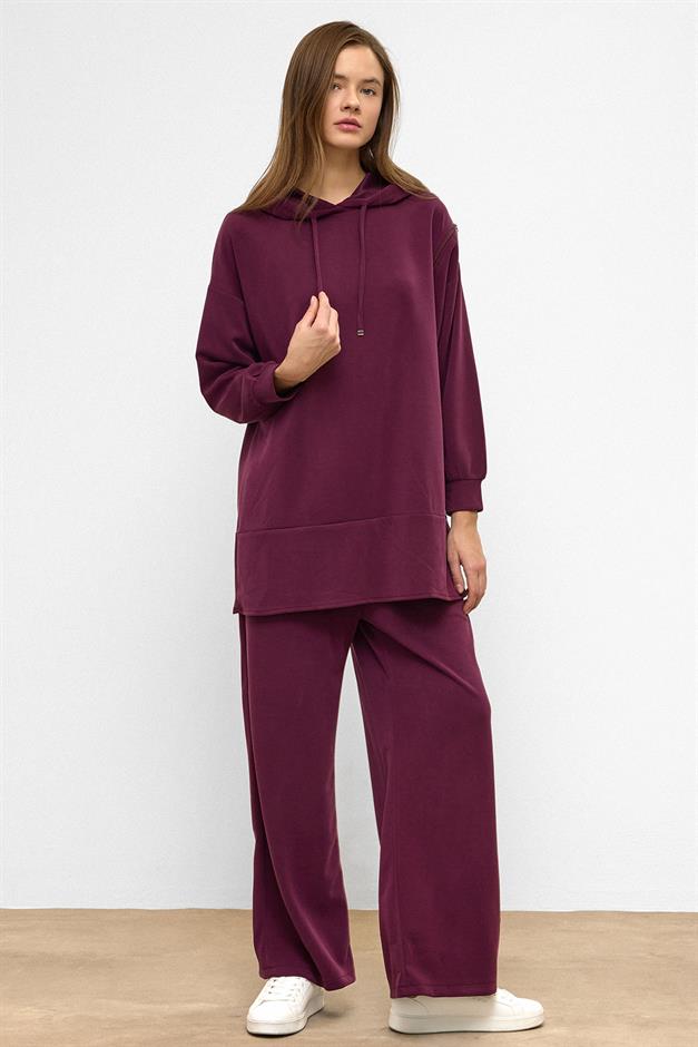Hooded Zipper Accessory Sweat Pants Casual Modal Set CLARET RED 9382-TK