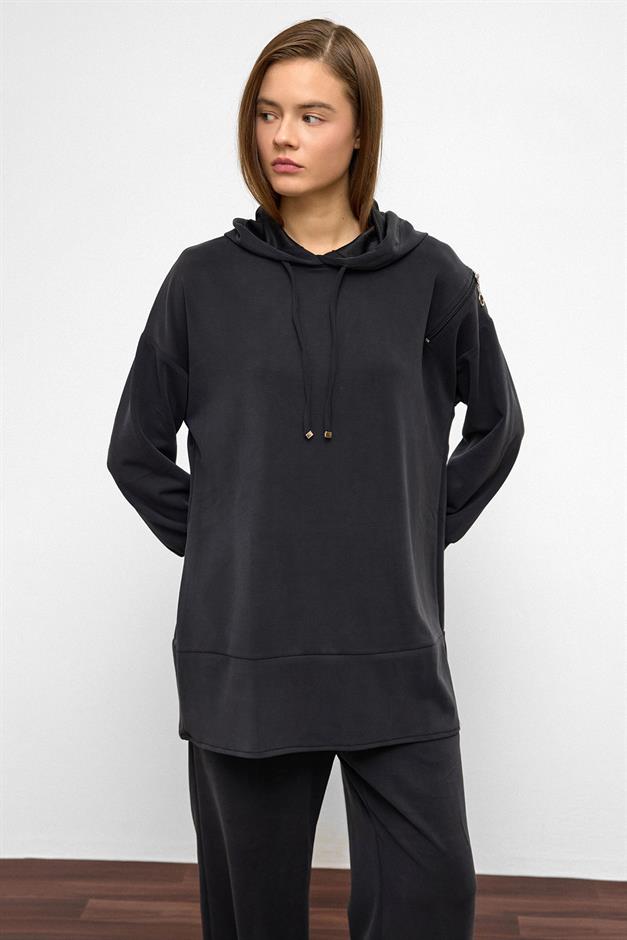 Hooded Zipper Accessory Sweat Pants Casual Modal Set BLACK 9382-TK