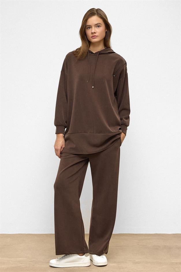 Hooded Zipper Accessory Sweat Pants Casual Modal Set COFFEE 9382-TK