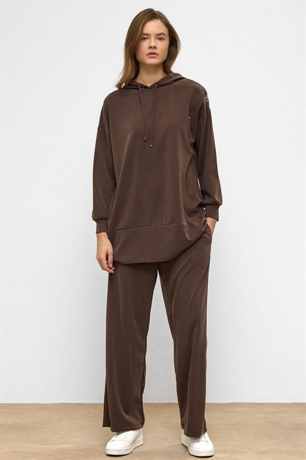 Hooded Zipper Accessory Sweat Pants Casual Modal Set COFFEE 9382-TK
