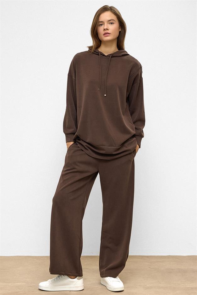 Hooded Zipper Accessory Sweat Pants Casual Modal Set COFFEE 9382-TK