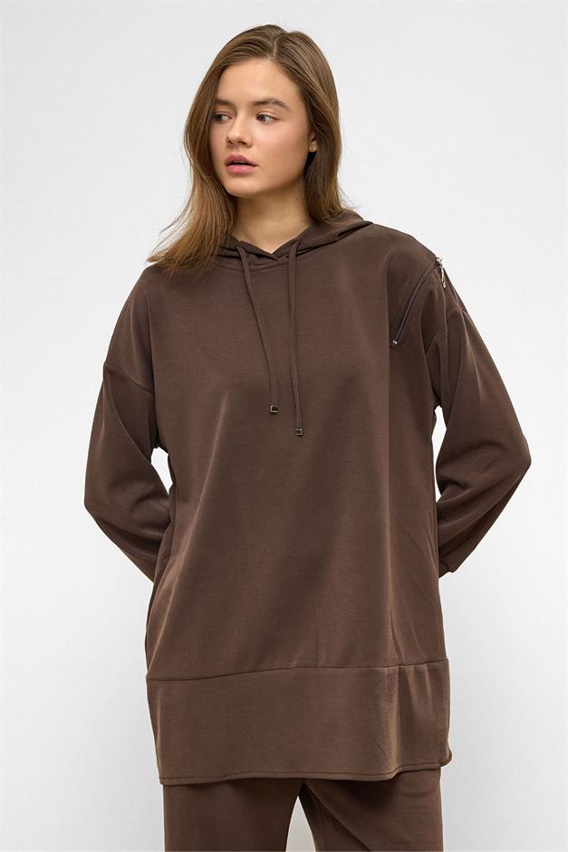 Hooded Zipper Accessory Sweat Pants Casual Modal Set COFFEE 9382-TK