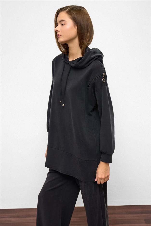 Hooded Zipper Accessory Sweat Pants Casual Modal Set BLACK 9382-TK