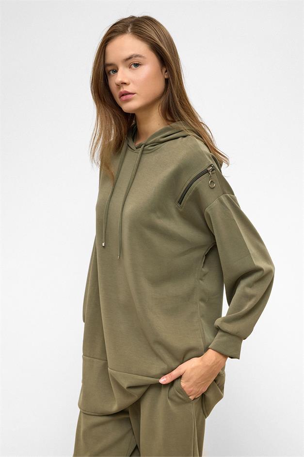 Hooded Zipper Accessory Sweat Pants Casual Modal Set DRAB 9382-TK