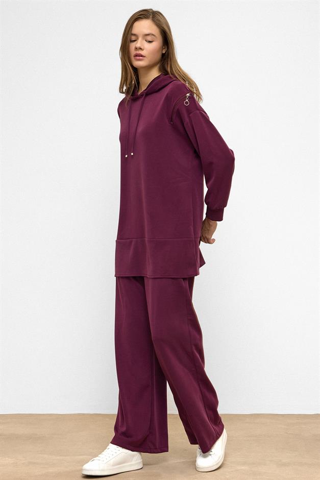 Hooded Zipper Accessory Sweat Pants Casual Modal Set CLARET RED 9382-TK