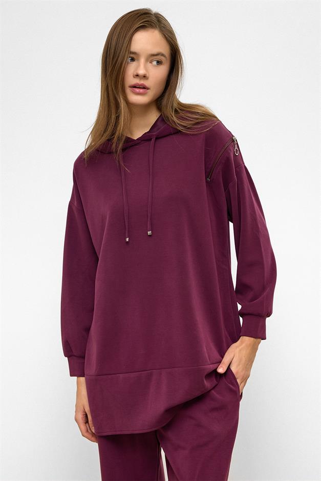 Hooded Zipper Accessory Sweat Pants Casual Modal Set CLARET RED 9382-TK