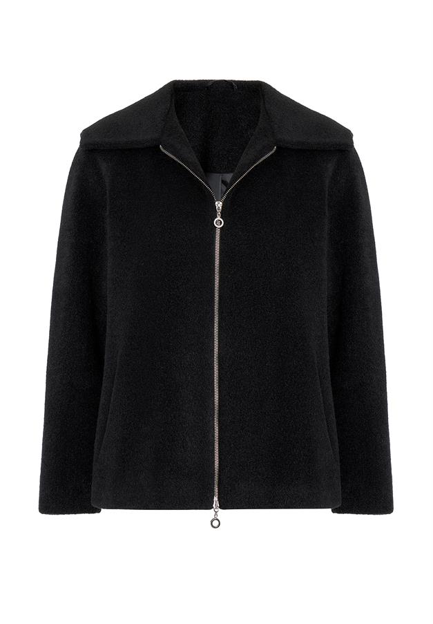 معطف قصير كبير الحجم مع تفاصيل سحاب وغطاء للرأس أسود 3130