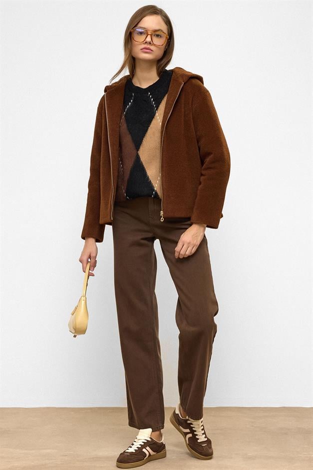 معطف قصير كبير الحجم مع تفاصيل سحاب وغطاء للرأس قهوة 3130