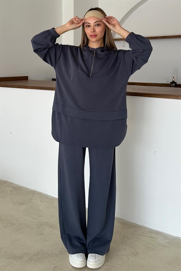 Hooded Zipper Detailed Premium Fabric Sweat Pants Set İNDİGO 9373-TK