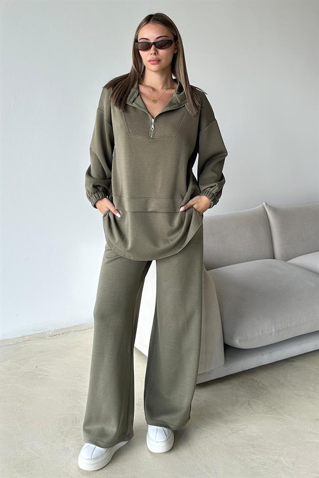 Hooded Zipper Detailed Premium Fabric Sweat Pants Set DRAB 9373-TK