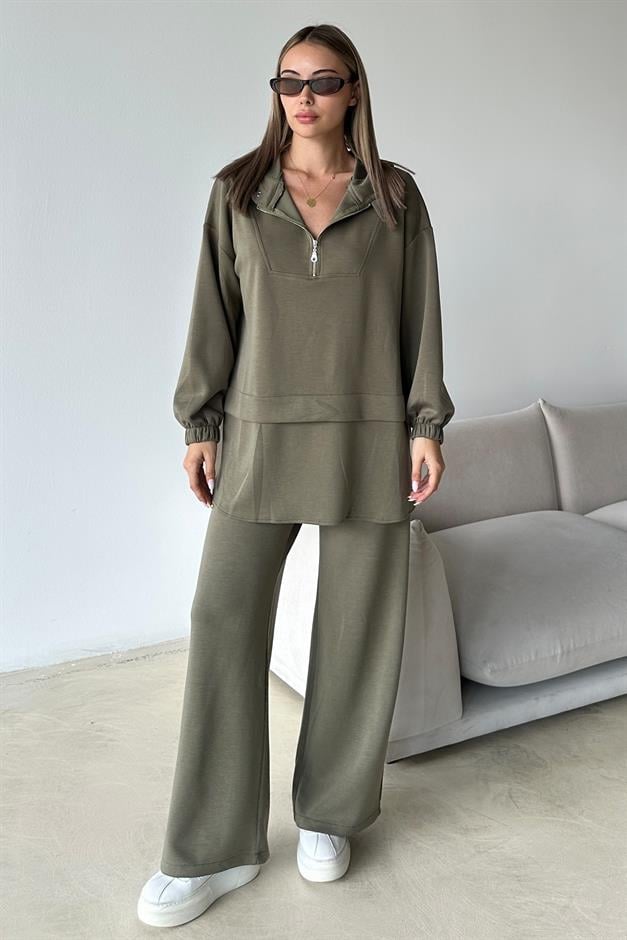 Hooded Zipper Detailed Premium Fabric Sweat Pants Set DRAB 9373-TK