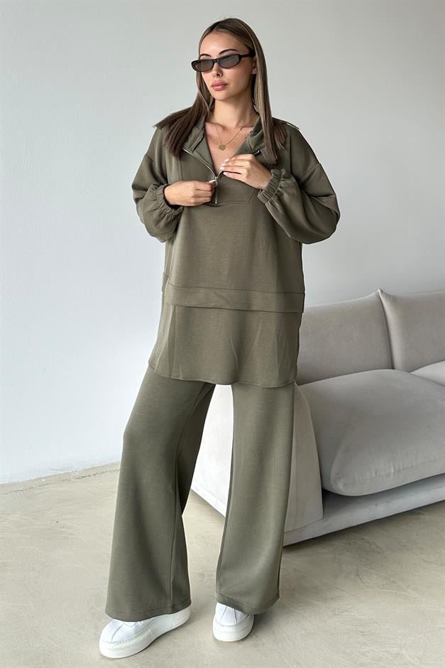 Hooded Zipper Detailed Premium Fabric Sweat Pants Set DRAB 9373-TK