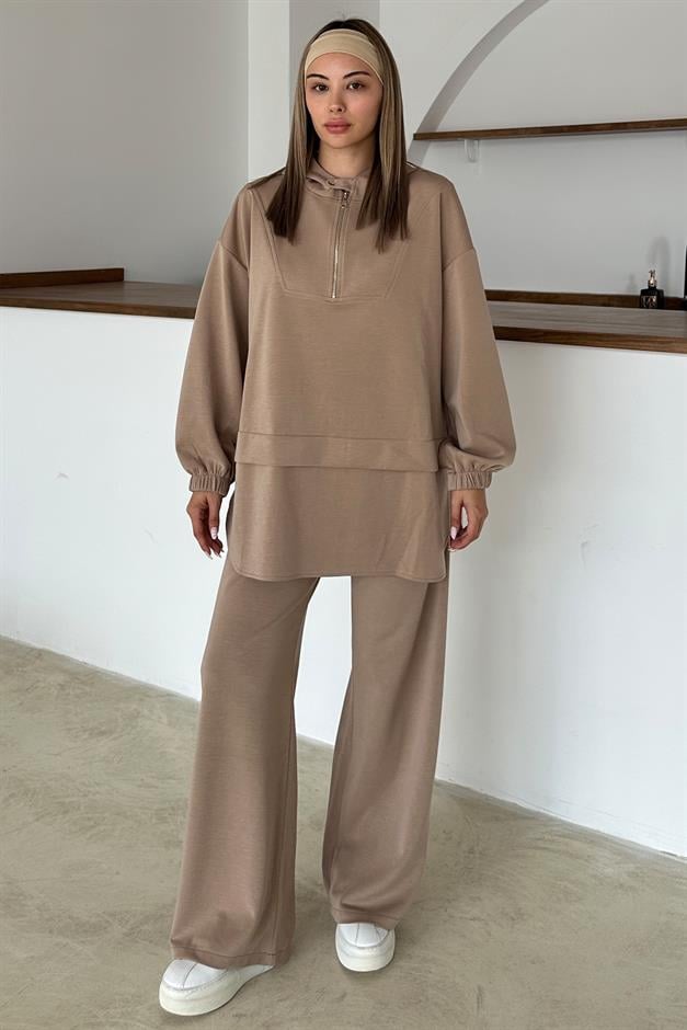 Hooded Zipper Detailed Premium Fabric Sweat Pants Set CAMEL 9373-TK