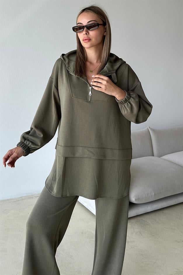 Hooded Zipper Detailed Premium Fabric Sweat Pants Set DRAB 9373-TK