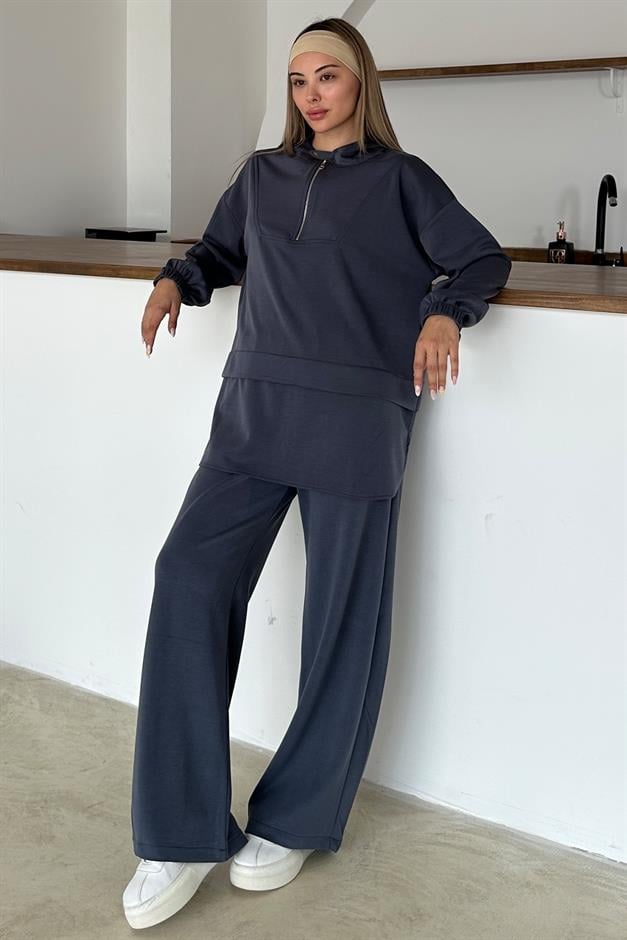 Hooded Zipper Detailed Premium Fabric Sweat Pants Set İNDİGO 9373-TK