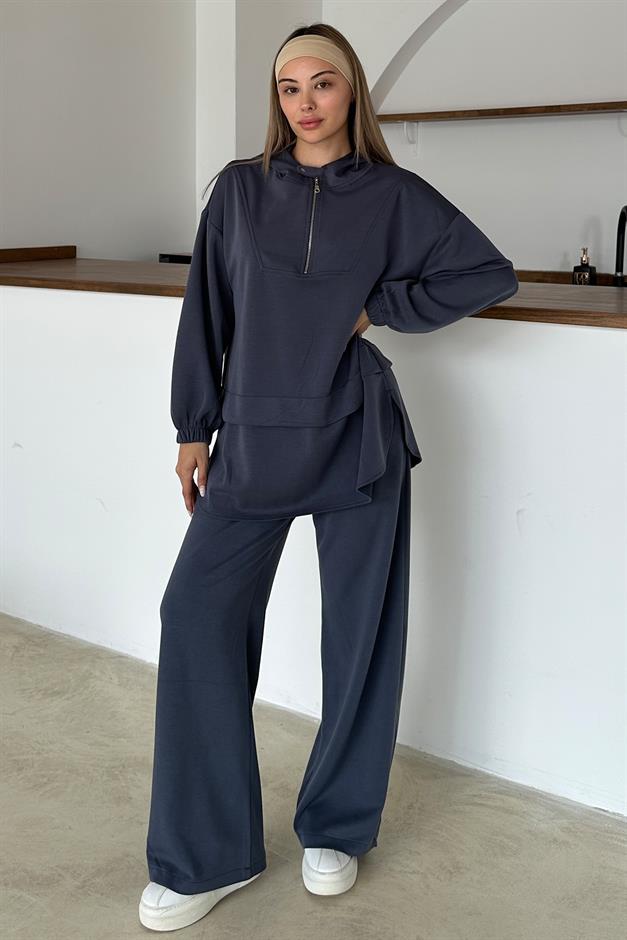 Hooded Zipper Detailed Premium Fabric Sweat Pants Set İNDİGO 9373-TK
