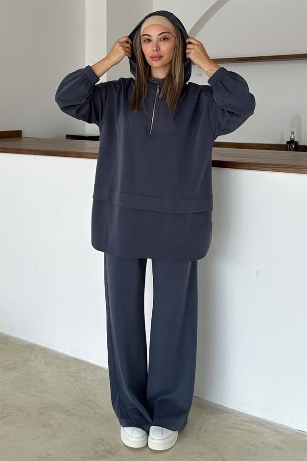 Hooded Zipper Detailed Premium Fabric Sweat Pants Set İNDİGO 9373-TK
