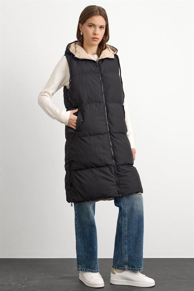Hooded Zippered Double-Sided Puffer Vest BLACK-STONE 8226