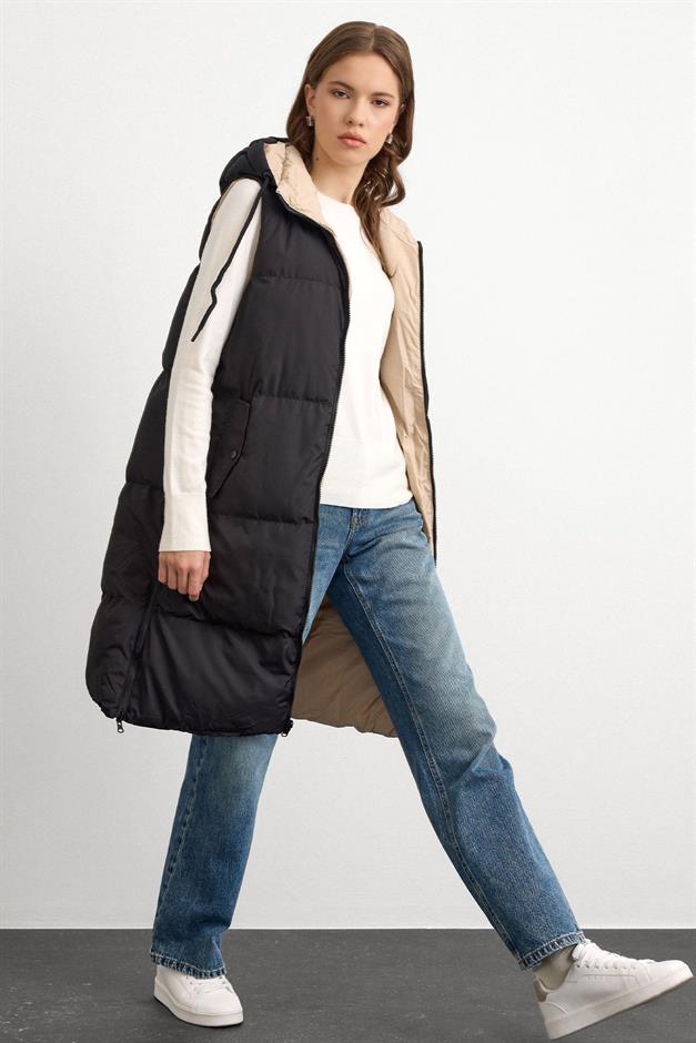 Hooded Zippered Double-Sided Puffer Vest BLACK-STONE 8226
