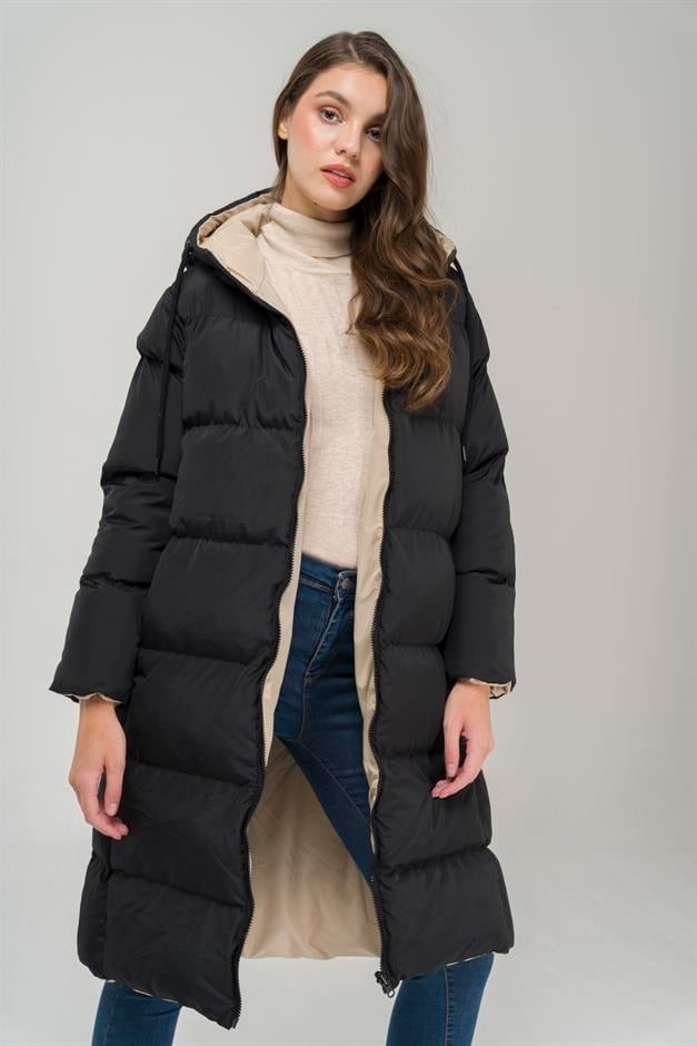 Hooded Zippered Double-Sided Puffer Jacket BLACK-STONE 6492