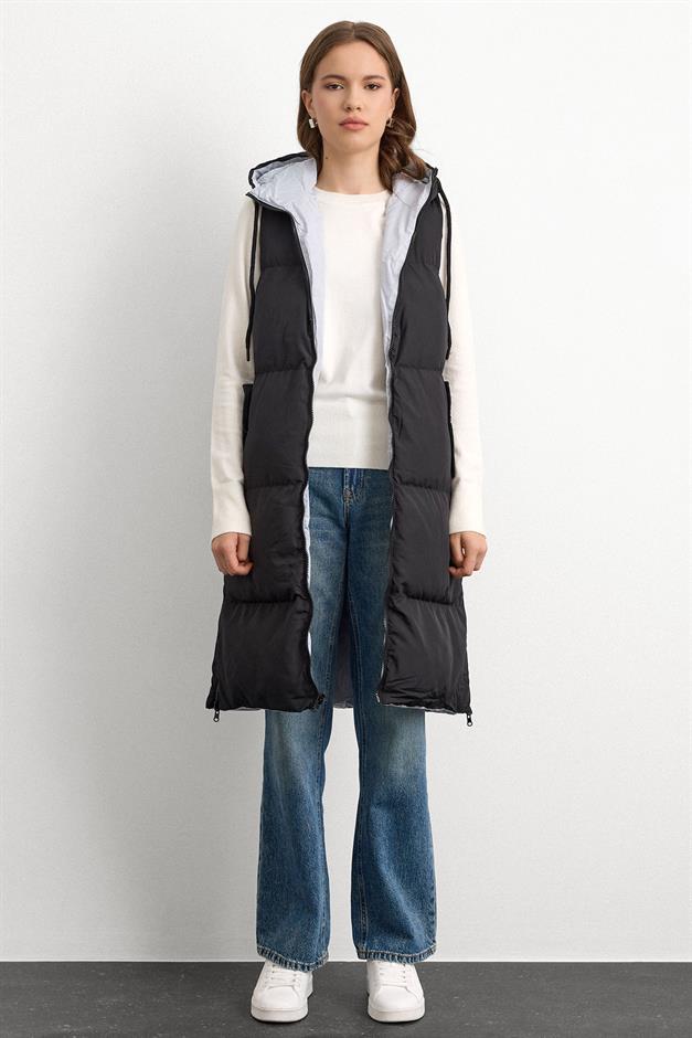 Hooded Zippered Double-Sided Puffer Vest BLACK-GRAY 8226