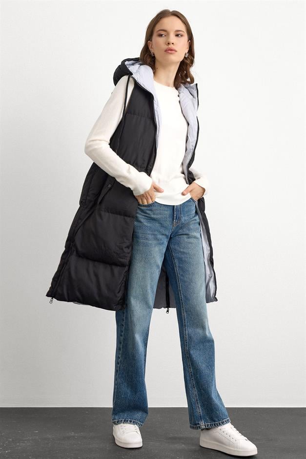 Hooded Zippered Double-Sided Puffer Vest BLACK-GRAY 8226