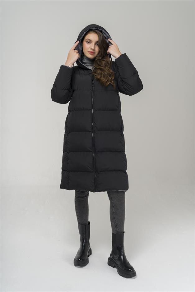 Hooded Zippered Double-Sided Puffer Jacket BLACK-ANTHRACITE 6492